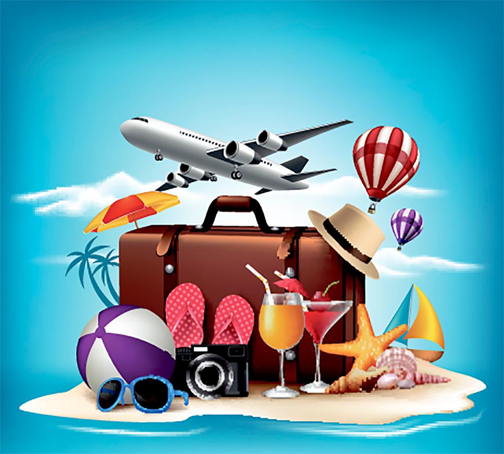 Collage med elementer som gir assosiasjoner til ferie, reising, sol og sommer. Illustrasjon. 
