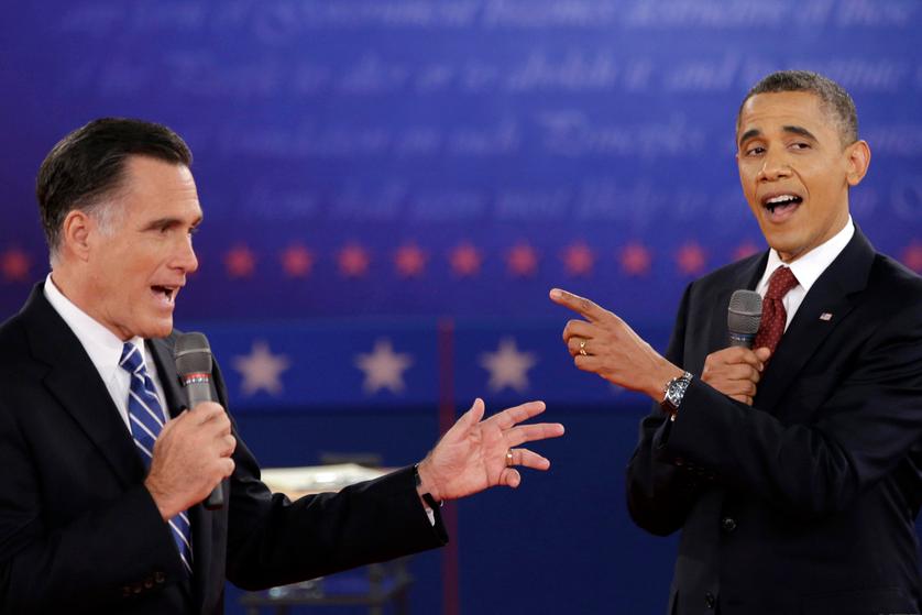 Mitt Romney and Barack Obama exchange views during the second presidential debate at Hofstra University in Hempstead, N.Y. Oct. 16, 2012.