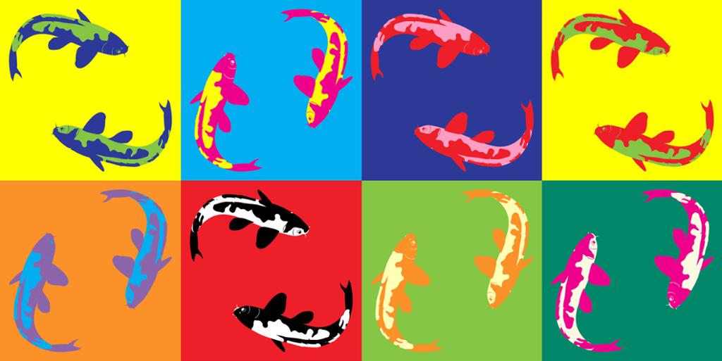 Pop-art illustrasjon av fisker som viser forskjellige fargekontraster. Foto.