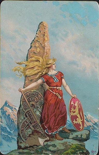 Norsk nasjonalromantisk postkort fra 1905 med en kvinne fremstilt som en valkyrie fra vikingtiden. Illustrasjon.