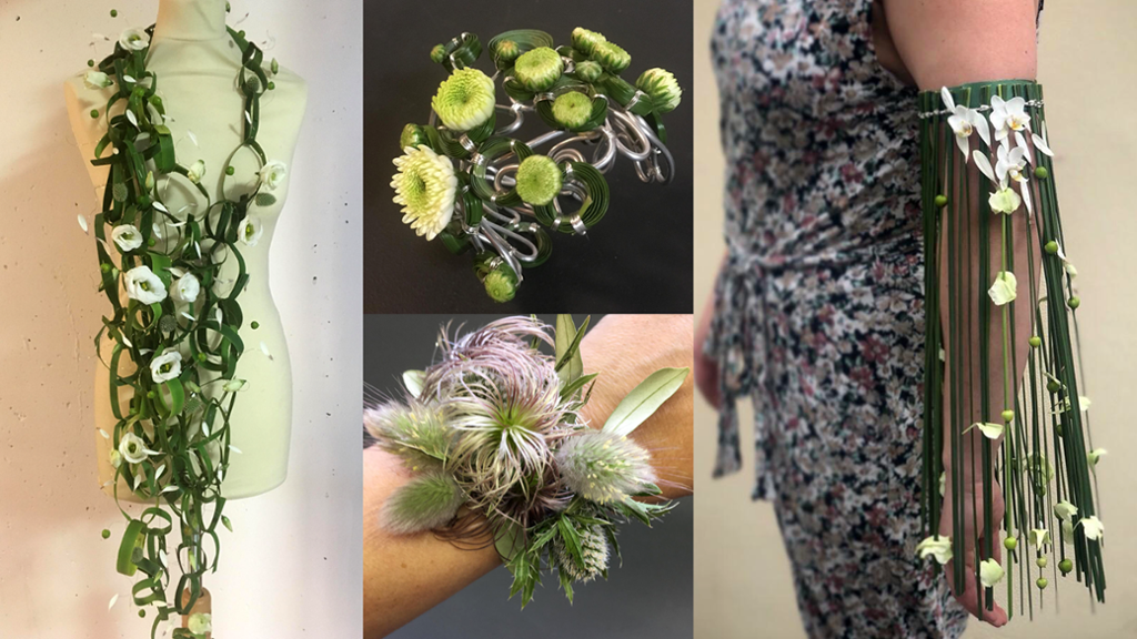 Fire bilder av ulike blomstersmykker i en kollasj. Foto. 