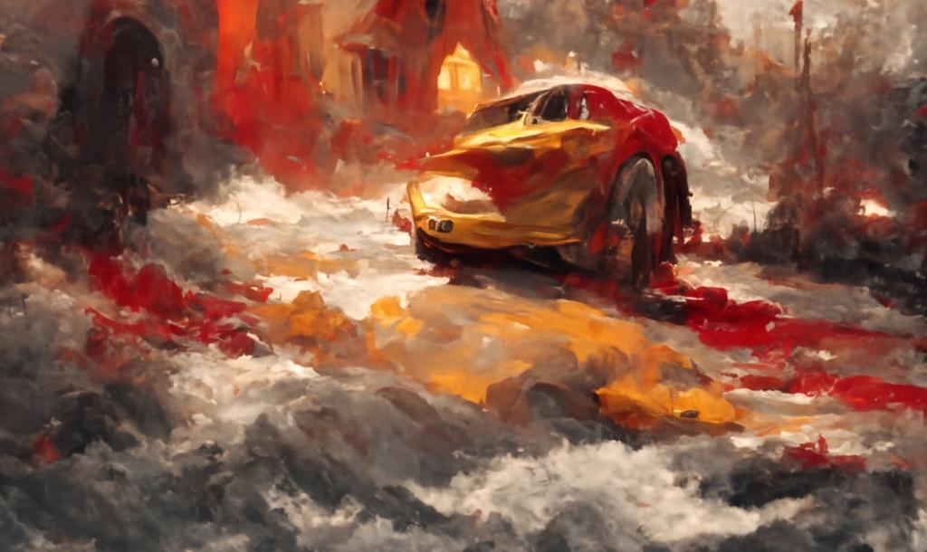 Abstrakt maleri av en bil i et landskap i rødt, gult, hvitt og grått. Illustrasjon.