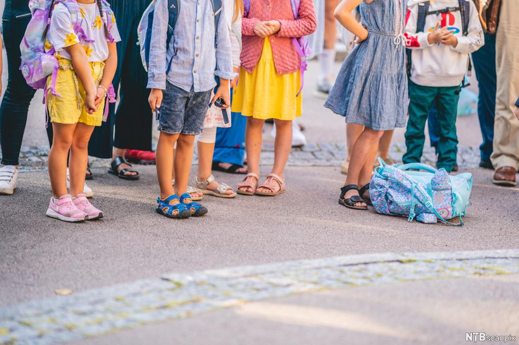 Vi ser barn som står oppstilt på første skoledag med voksne bak seg. Vi ser ikke hodene til personene. Foto.