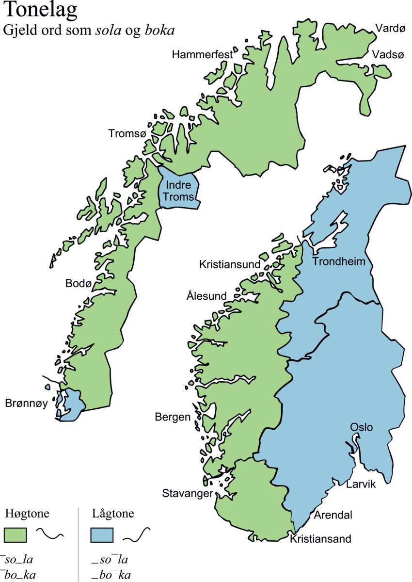 Kart som viser grensene for austnorske og vestnorske dialektar. Grensene fell saman med grensene for lågtone- og høgtonedialektar. Illustrasjon.