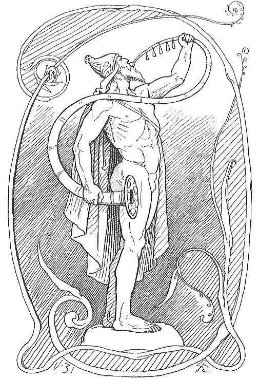 Gammel illustrasjon som forestiller guden Heimdall som blåser i Gjallarhorn. Illustrasjon.