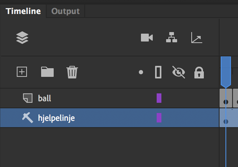 Detalj fra tidslinje i Animate. Øverst er det symboler som kamera, søppelbøtte og mappe. Nedenfor er det to linjer med ulike lag. På den øverste linja står det "ball" ved et ark-ikon, og på den nederste linja står det "hjelpelinje" ved et hammer-ikon. Skjermbilde.