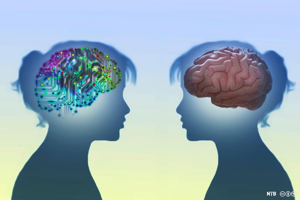 To ansikter ser på hverandre: ett med en menneskelig hjerne, ett med kunstig intelligens. Illustrasjon.
