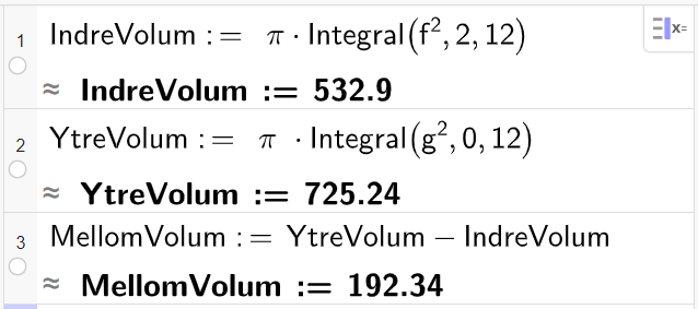 CAS-vindauget i GeoGebra, tre linjer. Berekning av indre og ytre volum og mellomliggande volum. I linje 1 står det IndreVolum kolon er lik pi gonger Integral parentes f opphøgd i andre komma 2 komma 12 parentes slutt. Tilnærma svar er IndreVolum kolon er lik 532,9. I linje 2 står det YtreVolum kolon er lik pi gonger Integral parentes g opphøgd i andre komma null komma 12 parentes slutt. Tilnærma svar er YtreVolum kolon er lik 725,24. I linje 3 står det MellomVolum kolon er lik YtreVolum minus IndreVolum. Tilnærma svar er MellomVolum kolon er lik 192,34. Skjermutklipp.