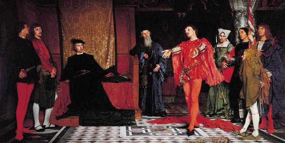 Painting: We see a young man seated. He is wearing a large black cloak. Around him stand a group of people dressed in Elizabethan clothes. A man in red is holding out his arms and looks like he may be performing something. 