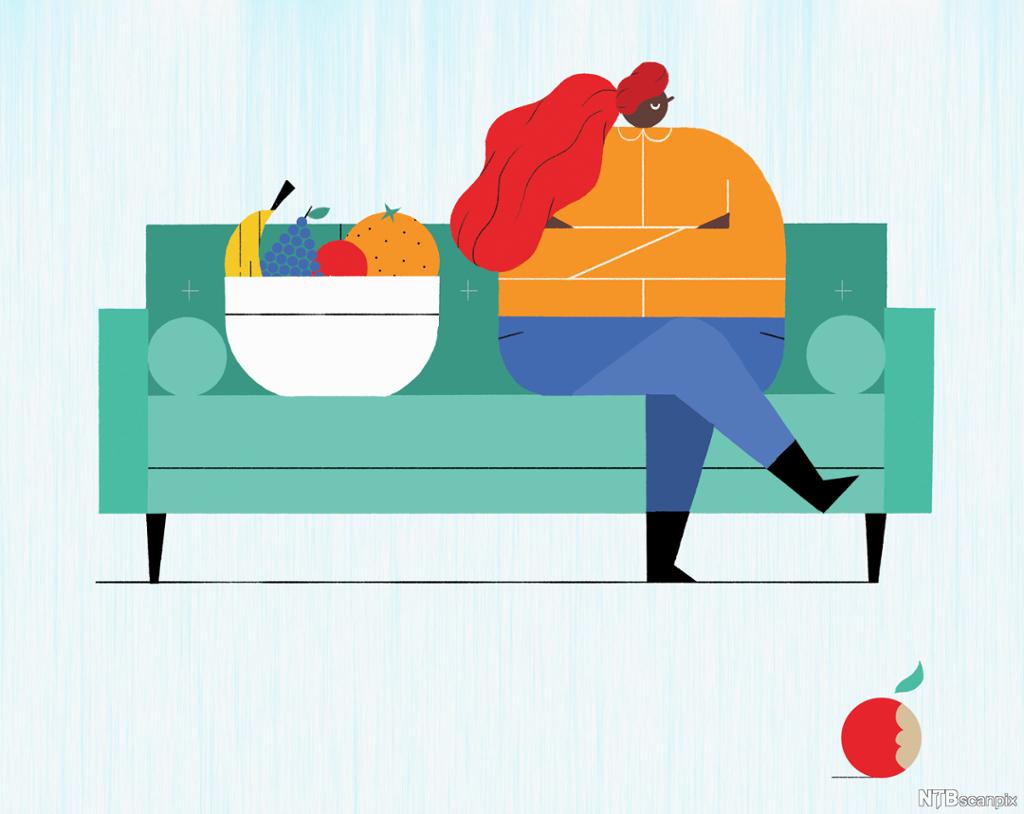 Misfornøyd kvinne sitter i en sofa med fruktfat ved siden av seg. Grafikk.