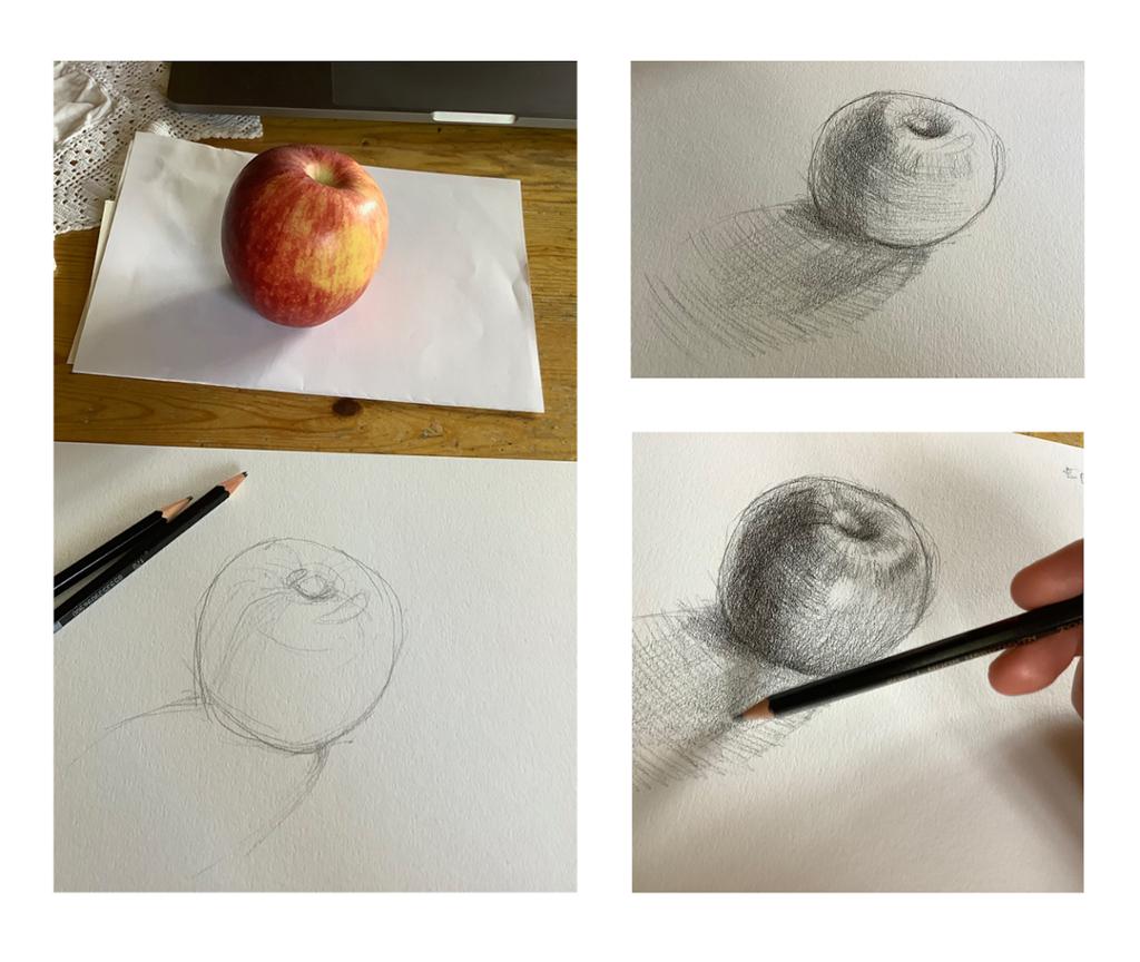 Fire foto viser prosessen med å teikne eit eple med blyant. Foto.