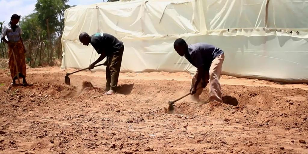 To menn jobber med å hakke i tørr og støvete jord. Foto.