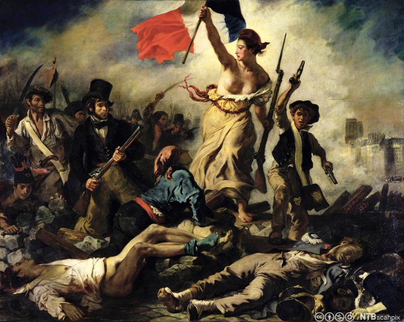 Friheten på barrikadene. Kunstverk med motiv fra den franske revolusjonen av 1830. Maleri. 