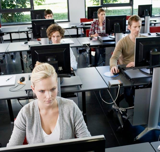 Ansatte deltar på et datakurs og sitter konsentrert ved hver sin PC. Foto.