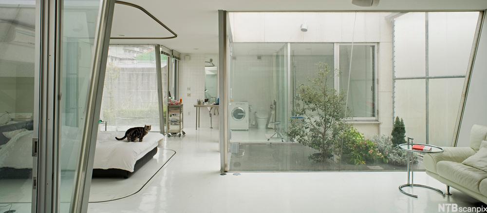 Soverom med hvite møbler. På bildet ser du et side bord designet av Eileen Gray.