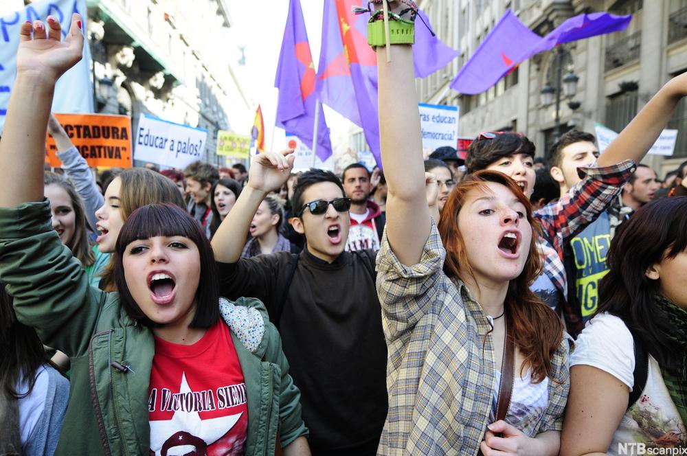 Studenter som protesterer mot økonomiske kutt i Roma. De har hendene i været. Noen bærer flagg og plakater. De roper slagord. Foto.