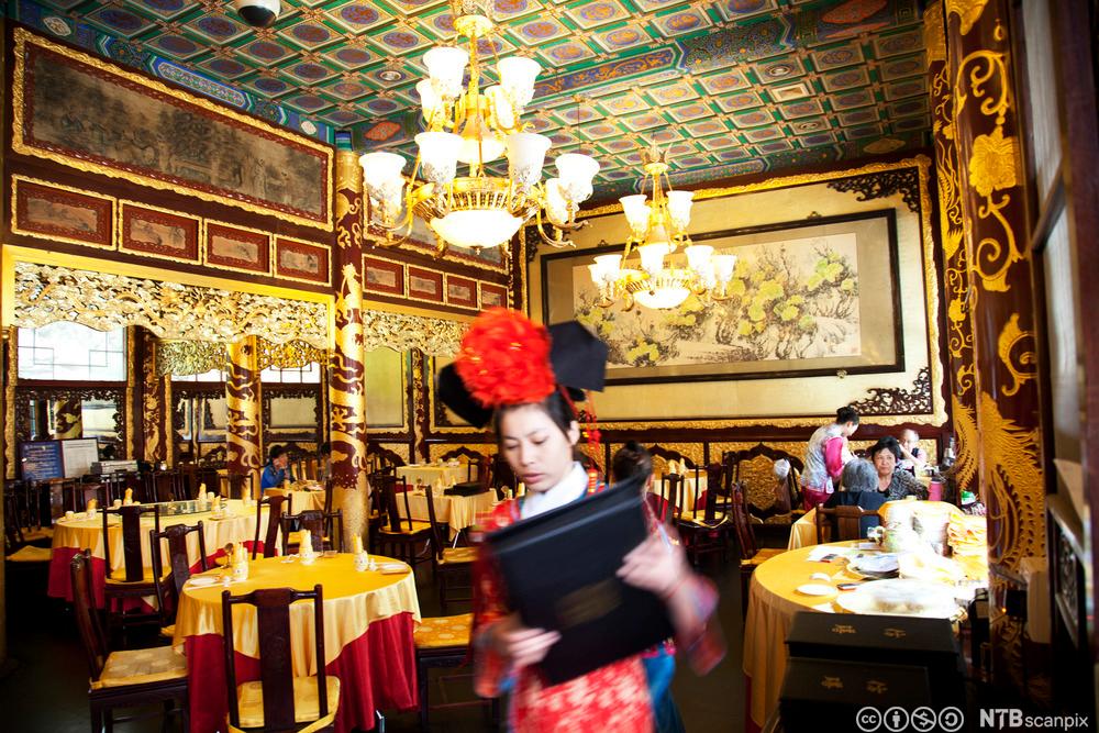 Kvinnelig servitør på fasjonabel kinesisk restaurant. Foto.