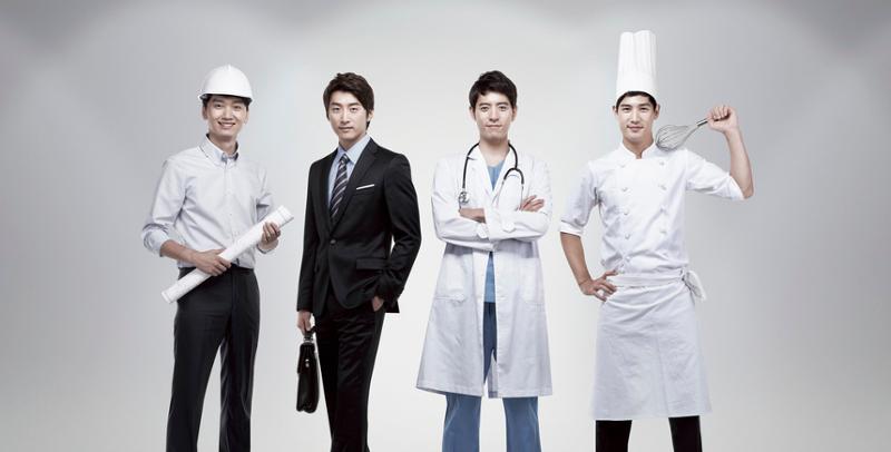 Photo: Four men, one with construction helmet, one in a suit with a briefcase,  one doctor, and one chef. 