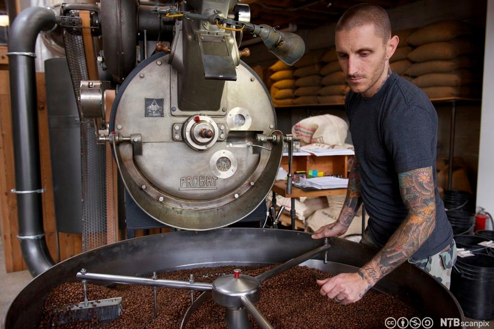 En arbeider sjekker kaffebønner som brennes i en stor maskin. Foto.