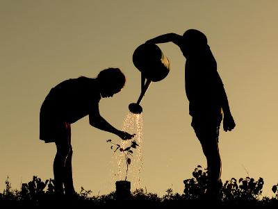 To barn som vanner ein plante. Siluett.