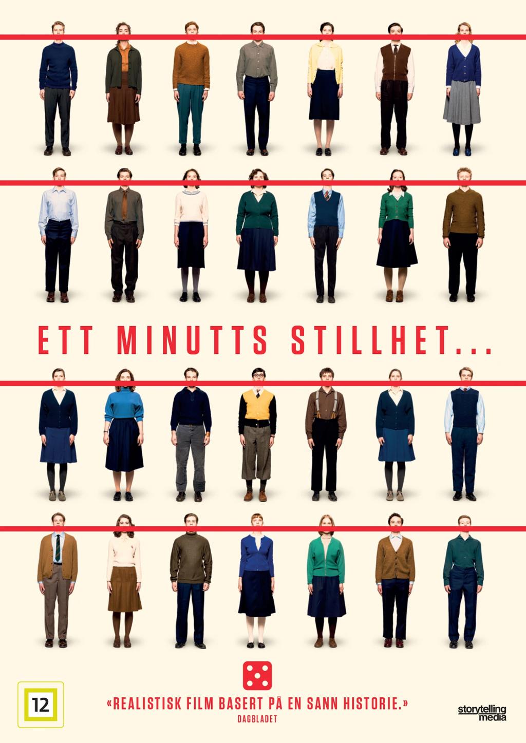 Norsk filmplakat til filmen "Ett minutts stillhet". Plakaten viser tjueåtte ungdommer, både jenter og gutter. De står i fire rekker på sju og ser alvorlig rett mot betrakteren. Jentene har på seg knelangt skjørt, bluse med cardigan eller genser, mens guttene har på seg mørk langbukse og skjorte eller genser. Noen bruker også slips. Fire røde linjer er trukket tvers over plakaten. De dekker over munnene til ungdommene. All tekst på plakaten er på norsk. Tittelen på filmen er plassert midt på og tvers over plakaten: "Ett minutts stillhet". Nederst på sida står det et sitat fra en anmeldelse i Dagbladet, der filmen har fått terningkast fem: "Realistisk film basert på en sann historie".