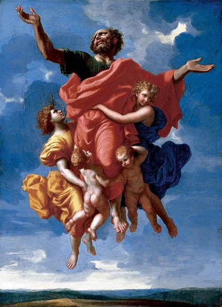 Johannes' åpenbaring. Johannes flyr mot himmelen med to enkler. Maleri