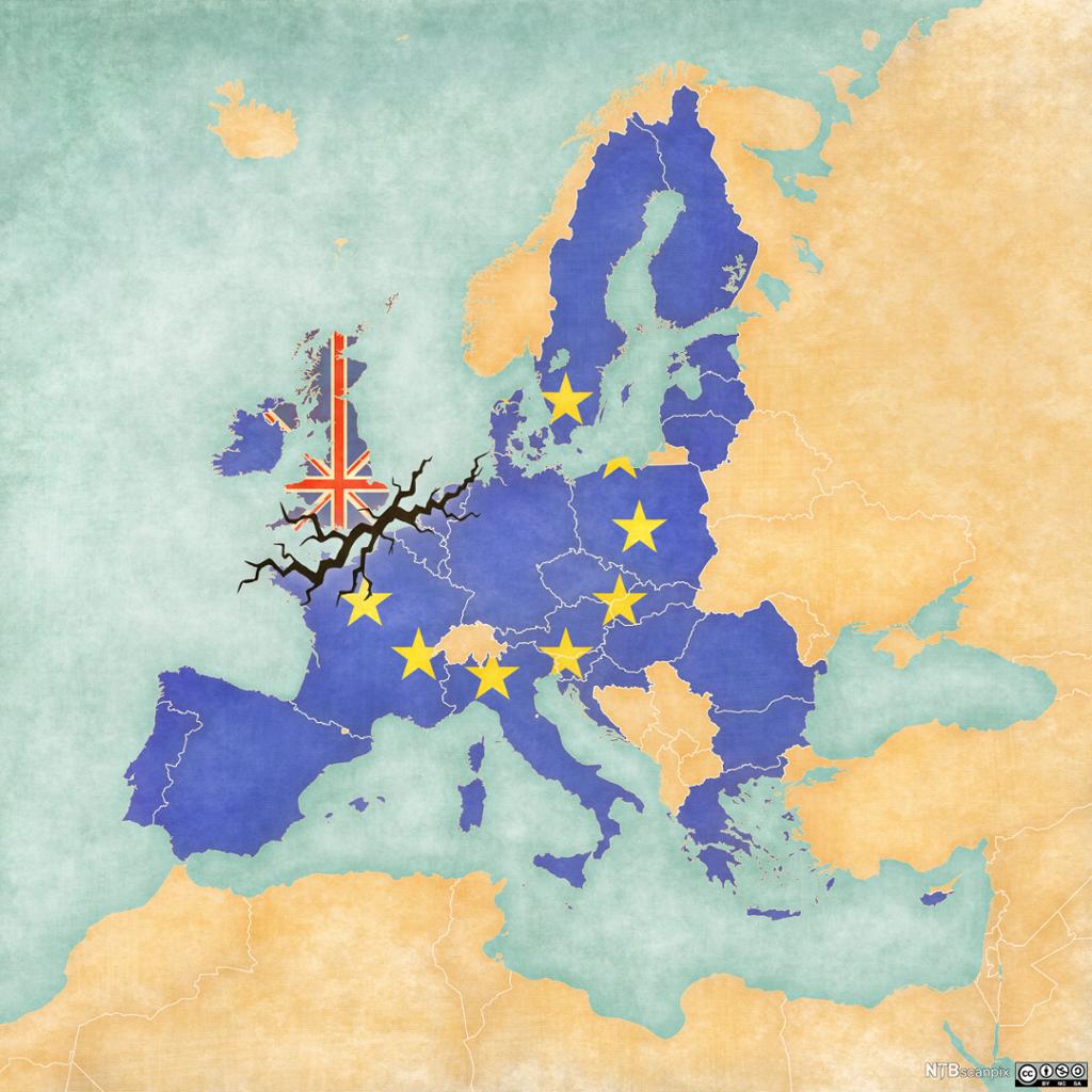 Map of EU with a line between Great Britain after Brexit.