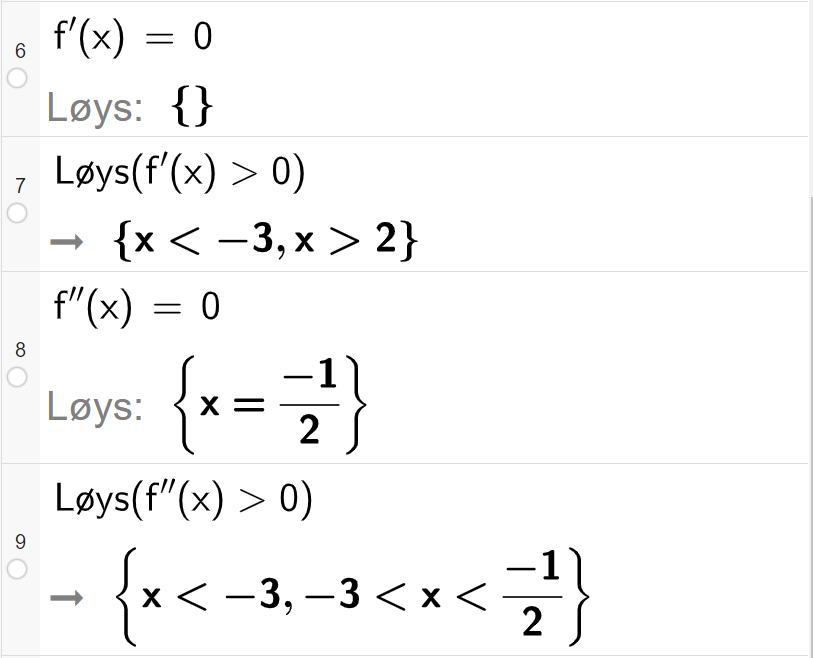 CAS-utrekning med GeoGebra. På linje 6 er det skrive f derivert av x er lik 0. Svaret med "Løys" er ingen ting. På linje 7 er det skrive "Løys" parentes f derivert av x større enn 0 parentes slutt. Svaret er x mindre enn minus 3 eller x større enn 2. På linje 8 er det skrive f dobbeltderivert av x er lik 0. Svaret med "Løys" er x er lik minus ein halv. På linje 9 er det skrive "Løys" parentes f dobbeltderivert av x større enn 0 parentes slutt. Svaret er x mindre enn minus 3 eller minus 3 mindre enn x mindre enn minus ein halv. Skjermutklipp.