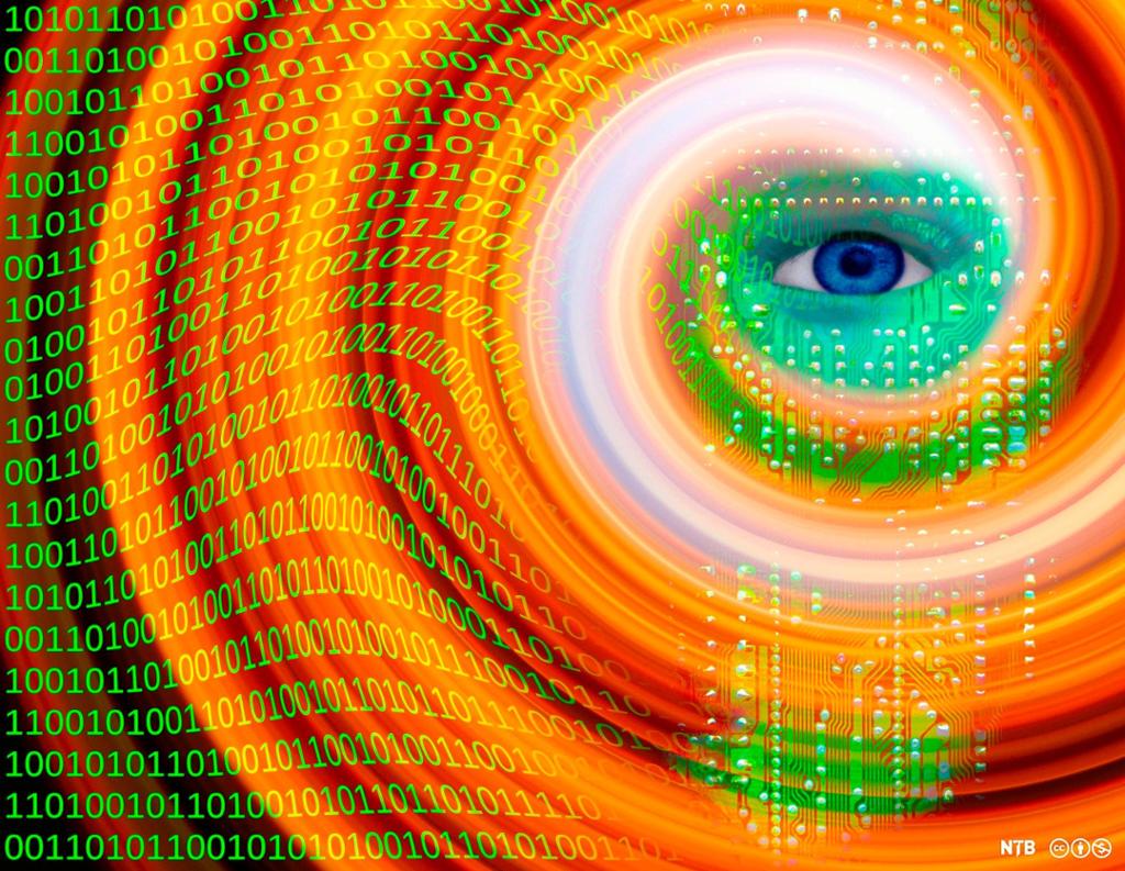 Eye inside a swirl of colour and binary numbers. 