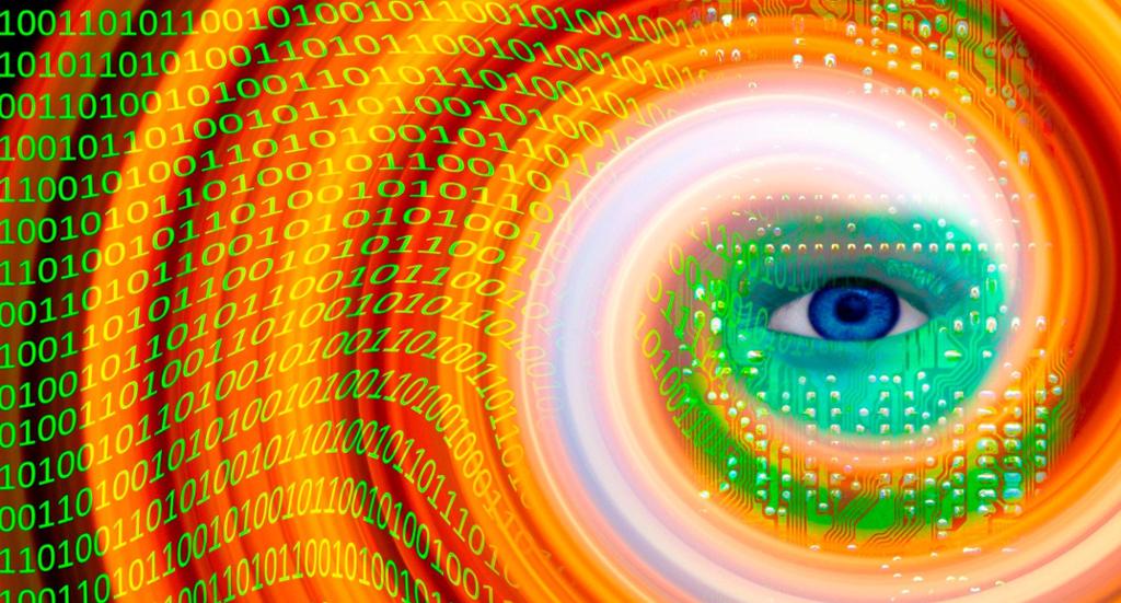 Eye inside a swirl of colour and binary numbers. 