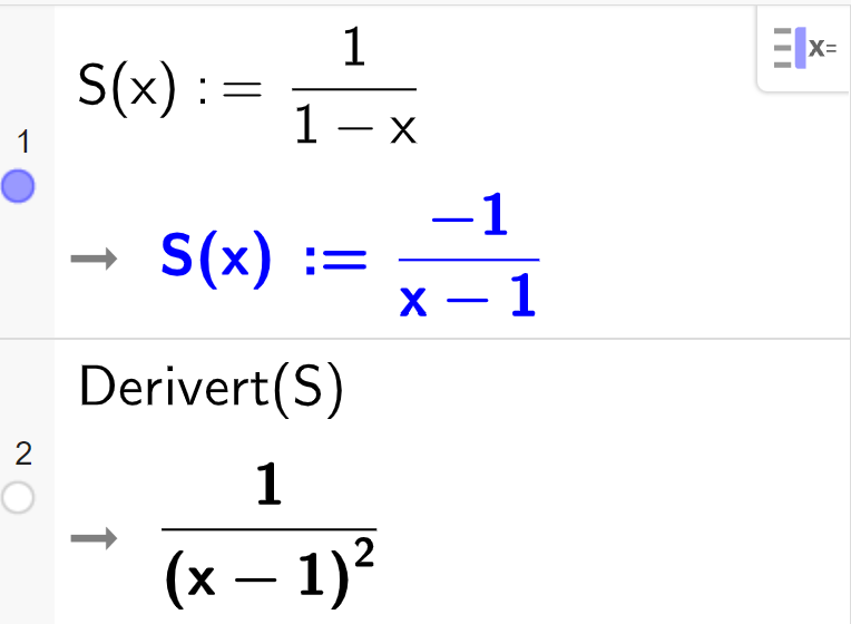 CAS i GeoGebra. På linje 1 står det S av x kolon er lik minus 1 delt på parentes x minus 1 parentes slutt. Linje 2 deriverer funksjonen, og svaret er gitt ved 1 delt på parentes x minus 1 parentes slutt opphøyd i 2. Skjermutklipp. 