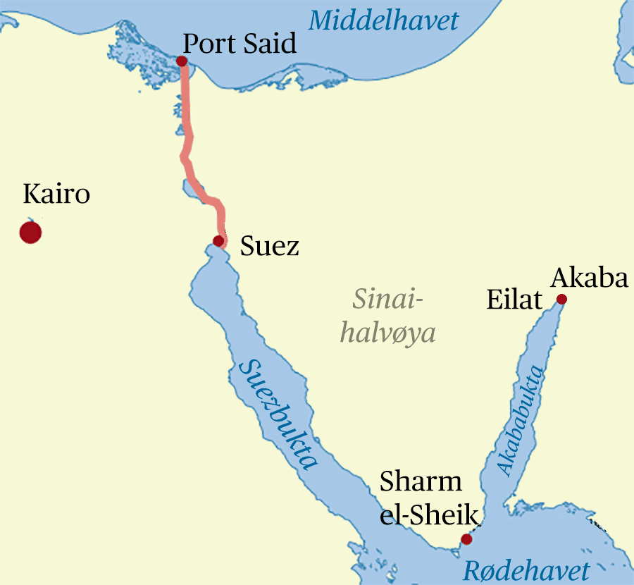 Kart som viser Suezkanalen fra Port Said til Suez. Kart.