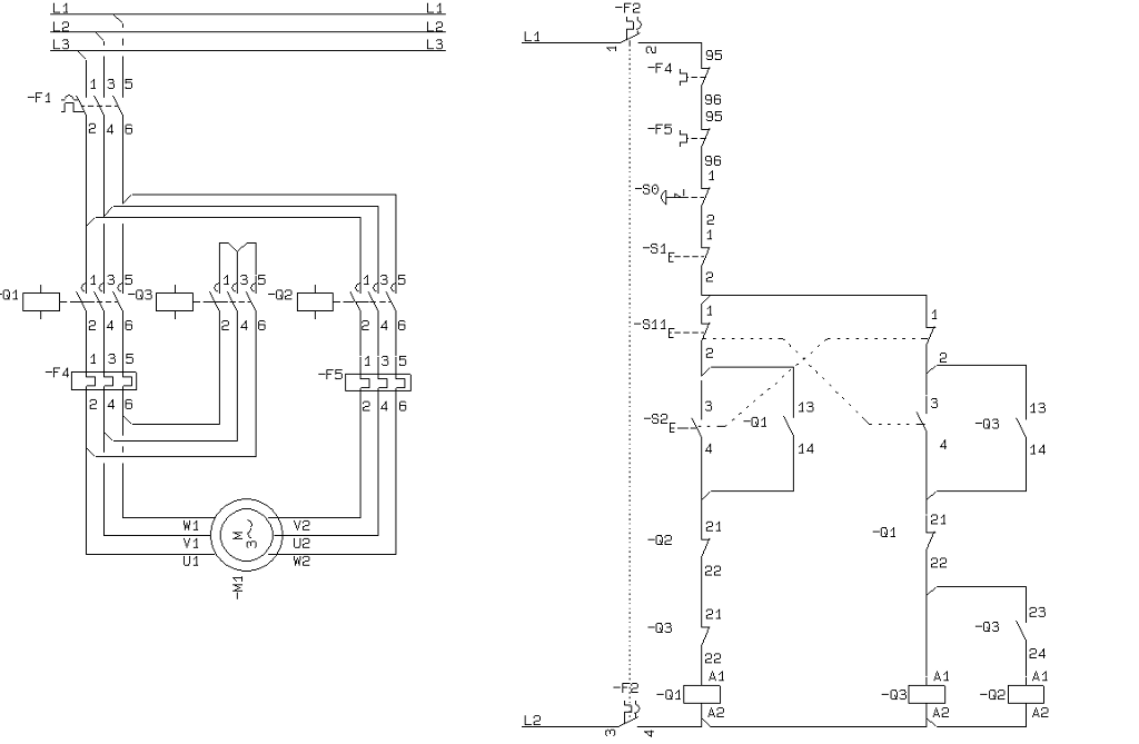Koblingsskjema for dahlandermotor, hovedstrøm og styrestrøm. Illustrasjon.