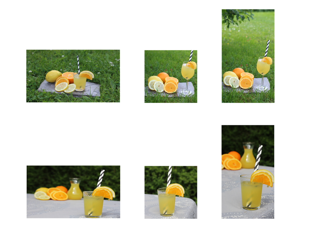 Bildet viser flere fotografier med motivet limonade i et glass med appelsinskive og sitronskive på kanten og et svart-hvitt sugerør. I bakgrunnen er det grønn plen og busk. Noen av fotografiene har dessuten frukt i bakgrunnen. Foto.