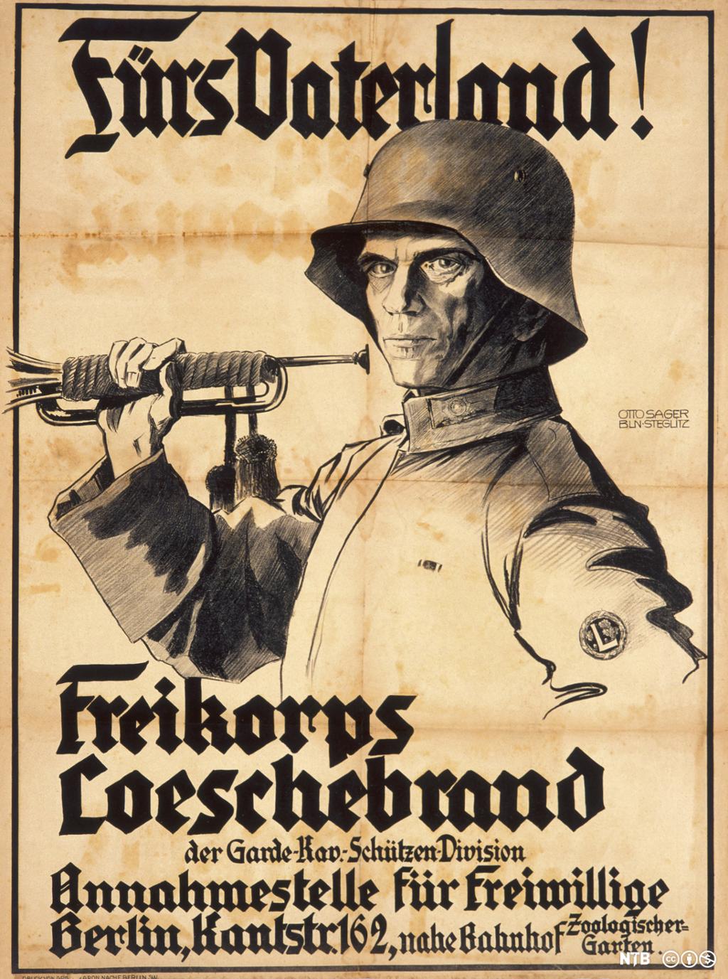 Plakaten viser en tegnet soldat med hjelm og har gotisk skrift som oppfordrer om å verve seg for fedrelandet. Soldaten har en trompet i handa. 