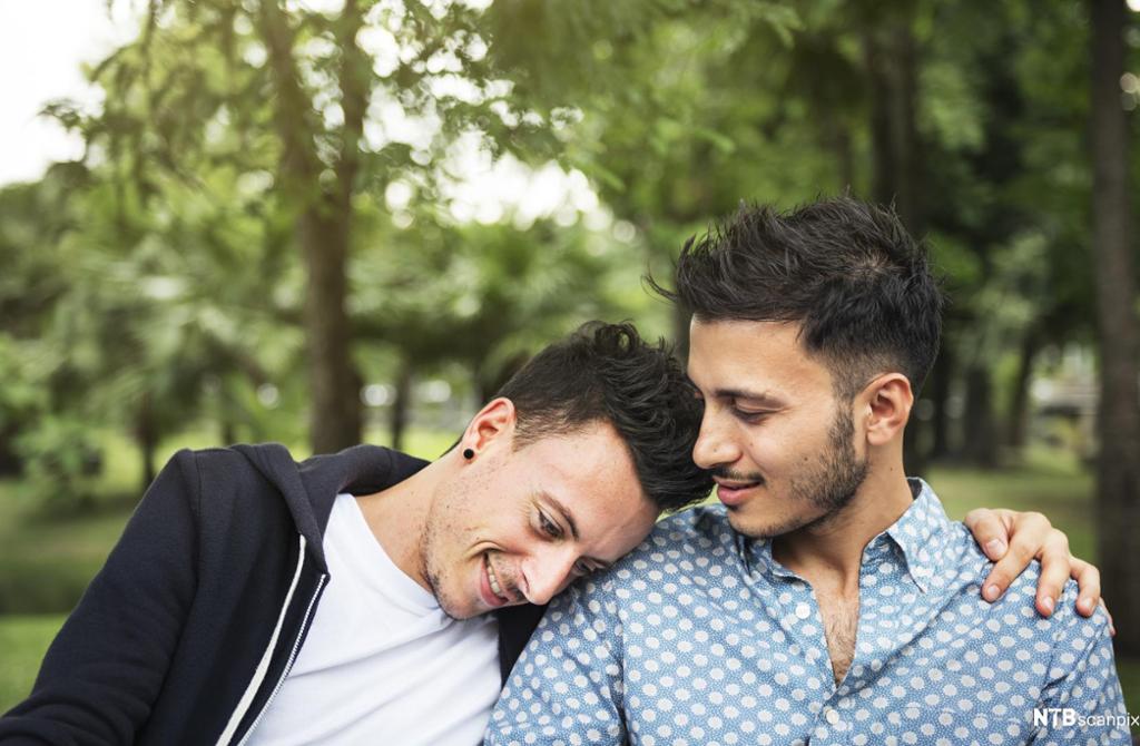 Homofilt par holder rundt hverandre. Foto.