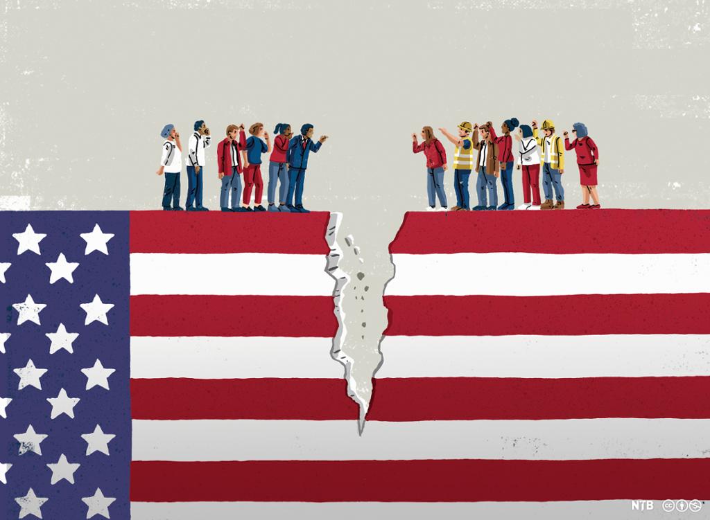 Illustration. Two groups of people are standing on top of the American flag as if it were a wall. The flag is tearing apart between them. 