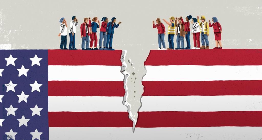 Illustrasjon av to grupper menneske som står oppå ein mur, som er påmåla det amerikanske flagget. Mellom dei to gruppene går muren i stykke i ei djup kløft.