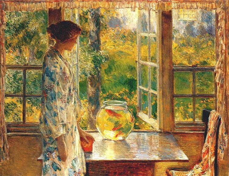 Painting: Woman looks out of a window. On the table in front of her there is goldfish in a bowl. She looks out on a beautiful garden. 