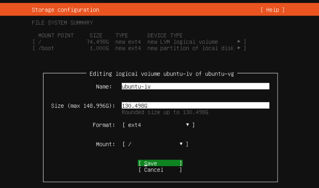 Popup-vindu med mulighet for justering av partisjonsdetaljer. Skjermbilde fra Ubuntu Server 20.04.