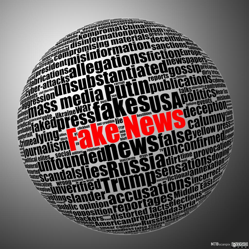 Illustrasjon som viser en ordsky formet som en jordklode, begrepet fake news er skrevet i rødt.