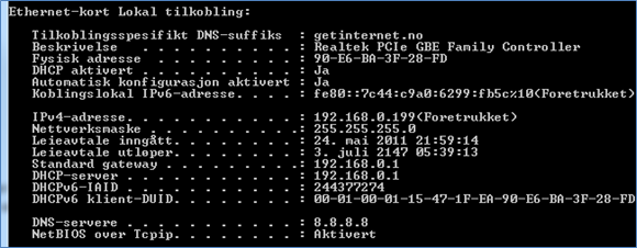 Ipconfig svarar med nettverksinformasjon i terminalen (PC). Skjermbilete