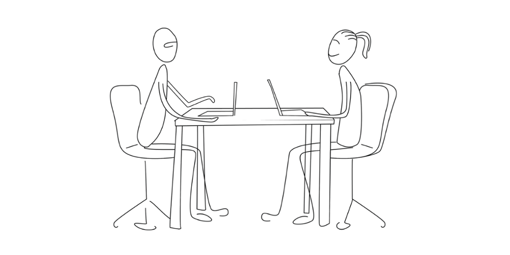 To personer sitter ved et bord med hver sin bærbare PC og snakker sammen. Tegning.