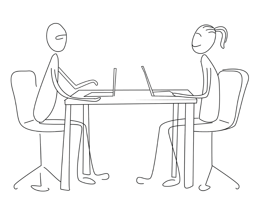 To strekfigurer sitter ved et bord med hver sin laptop og samarbeider. Illustrasjon.