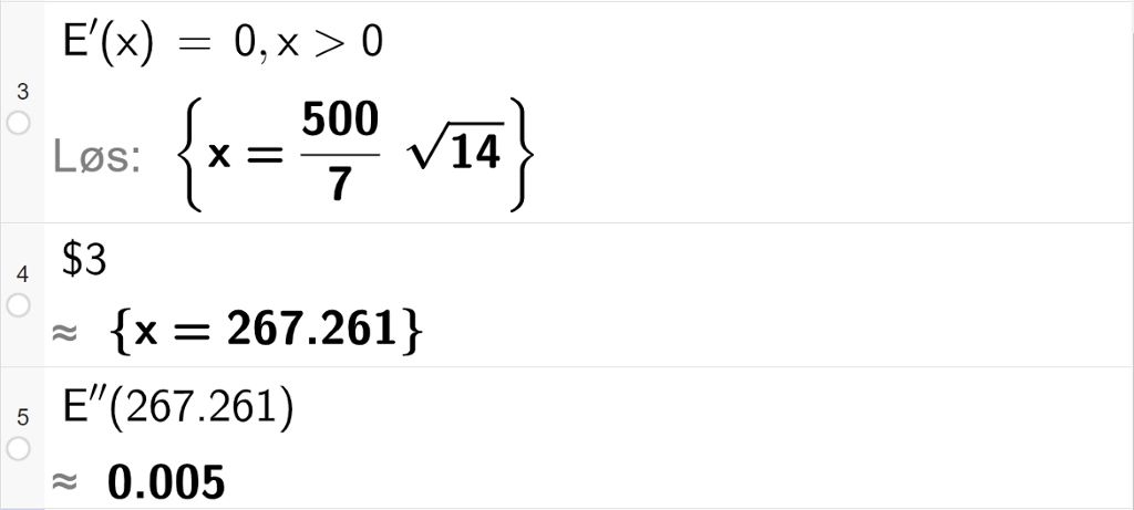 Skjermutklipp som viser CAS-utregning med GeoGebra. På linje 3 er det skrevet E derivert av x er lik 0 komma x større enn 0. Svaret er x er lik 500 delt på 7 multiplisert med rot 14. På linje 4 er det skrevet dollartegn 3. Svaret med tilnærming er x er lik 267,261. På linje 5 er E dobbeltderivert av 267,261 regnet ut med tilnærming til 0,005. 