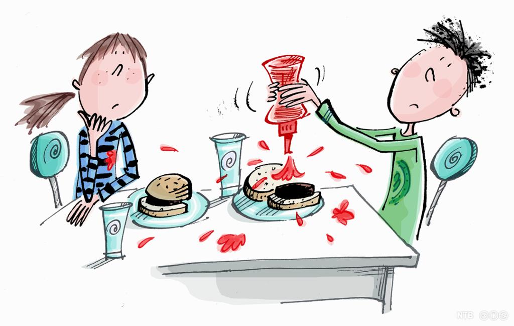 Tegning av en gutt og ei jente sitter ved et bord og spiser hamburgere. Gutten tar ketsjup på hamburgeren så det spruter ut over bordet. Det ser ut som både han og jenta kikker ut i lufta, og de ser ikke så glade ut. Illustrasjon.