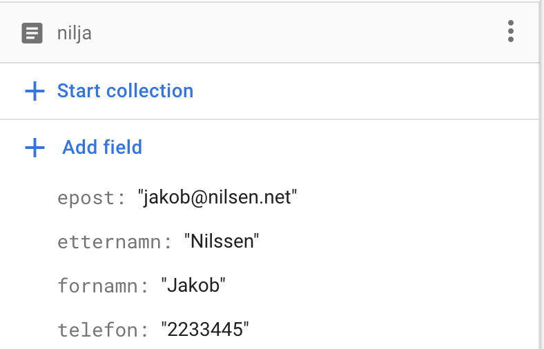 Databasen i Firebase Cloud Firestore viser at etternamnet er endra til Nilssen med to S-ar, mens e-posten har Nilsen med berre ein S. Skjermbilete.