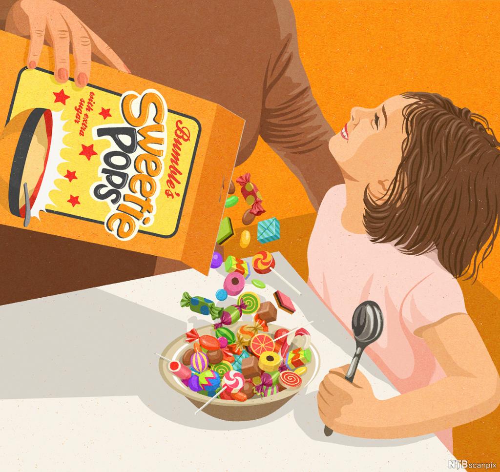 Illustrasjon av ei jente som får frokostblanding som består av godteri.