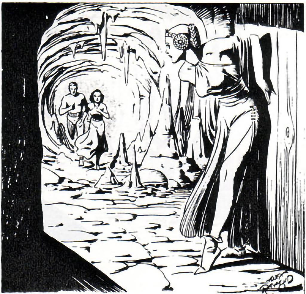 Flash Gordon av Alex Raymond, kvinne i hule og mennesker i huleinngangen. illustrasjon.
