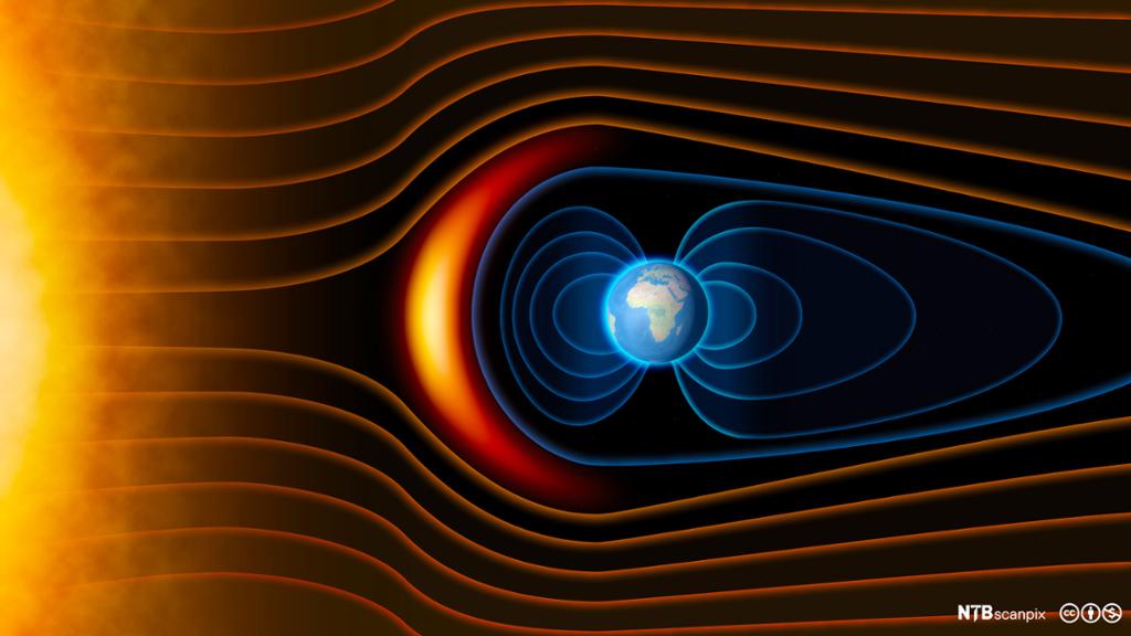 Solstorm fra sola møter jorda omgitt av magnetfeltlinjer. Grafikk.